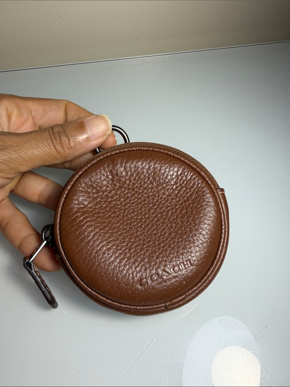 COACH Brown Pebbled Leather Round Coin Pouch with Keyring